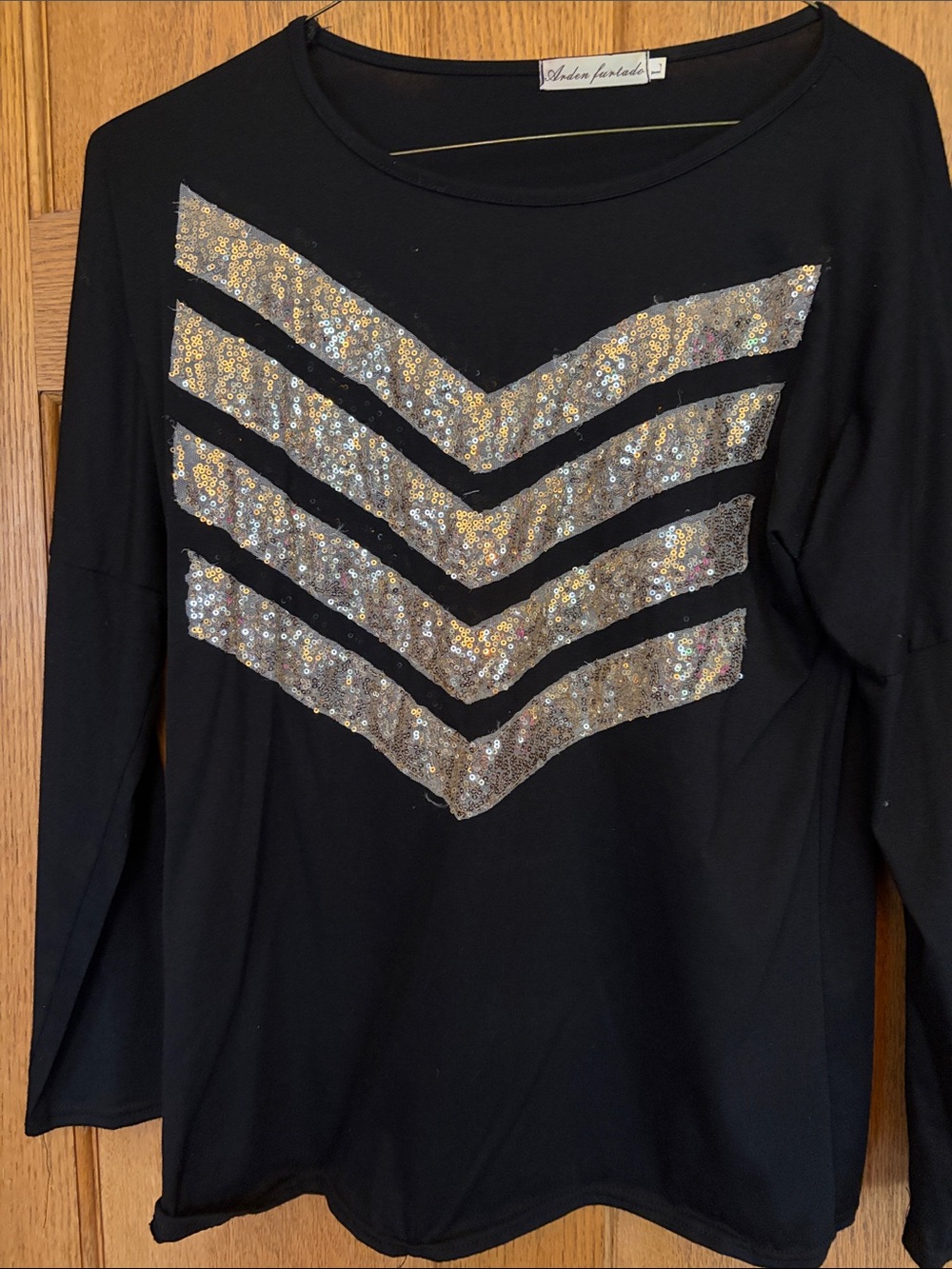 Arden B Black Long-Sleeve Top with Silver Sequin Chevron Stripes